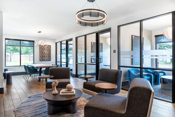 Business lounge with private coworking spaces